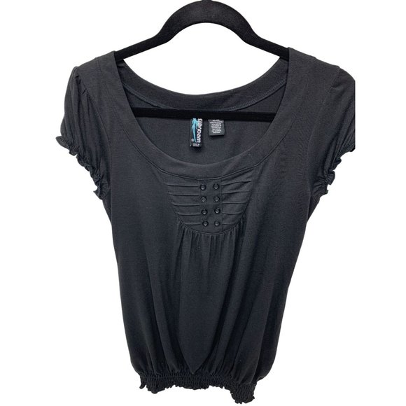 Weavers Womens Size Medium Cap Sleeve Top Shirt Button Chest Detail Black Vintag - Picture 1 of 3